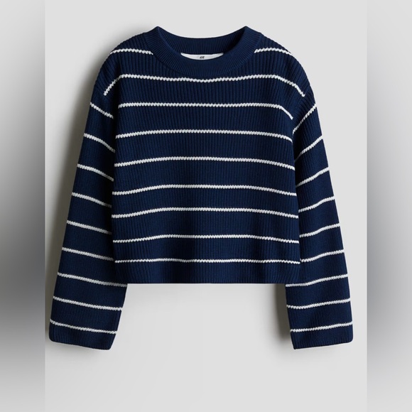 H&M Girls Junior Striped Boxy Sweater Navy and White Striped Size 12/14 - Picture 1 of 11